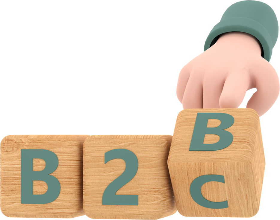 3d. Hand turns a dice and changes the expression "B2B" to "B2C"